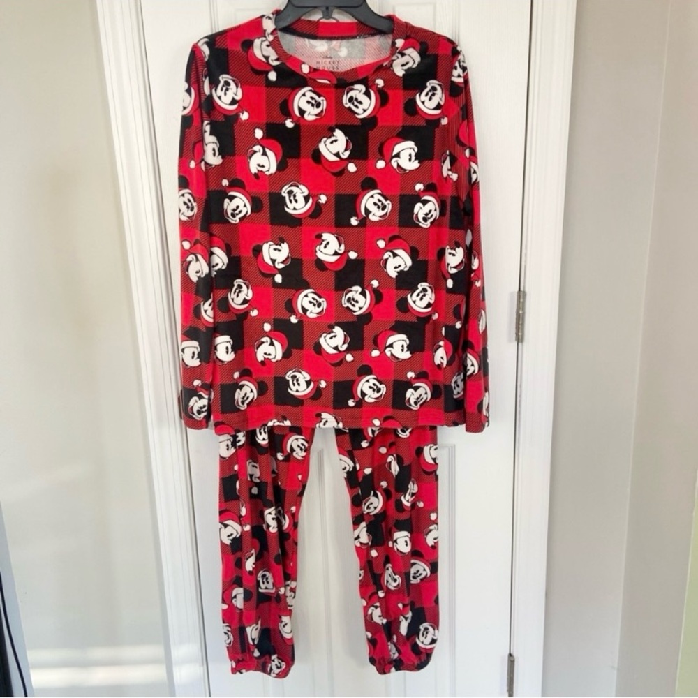 Disney Mickey Mouse Santa Plaid 2 Piece Christmas Pajama Set Women's Size Large